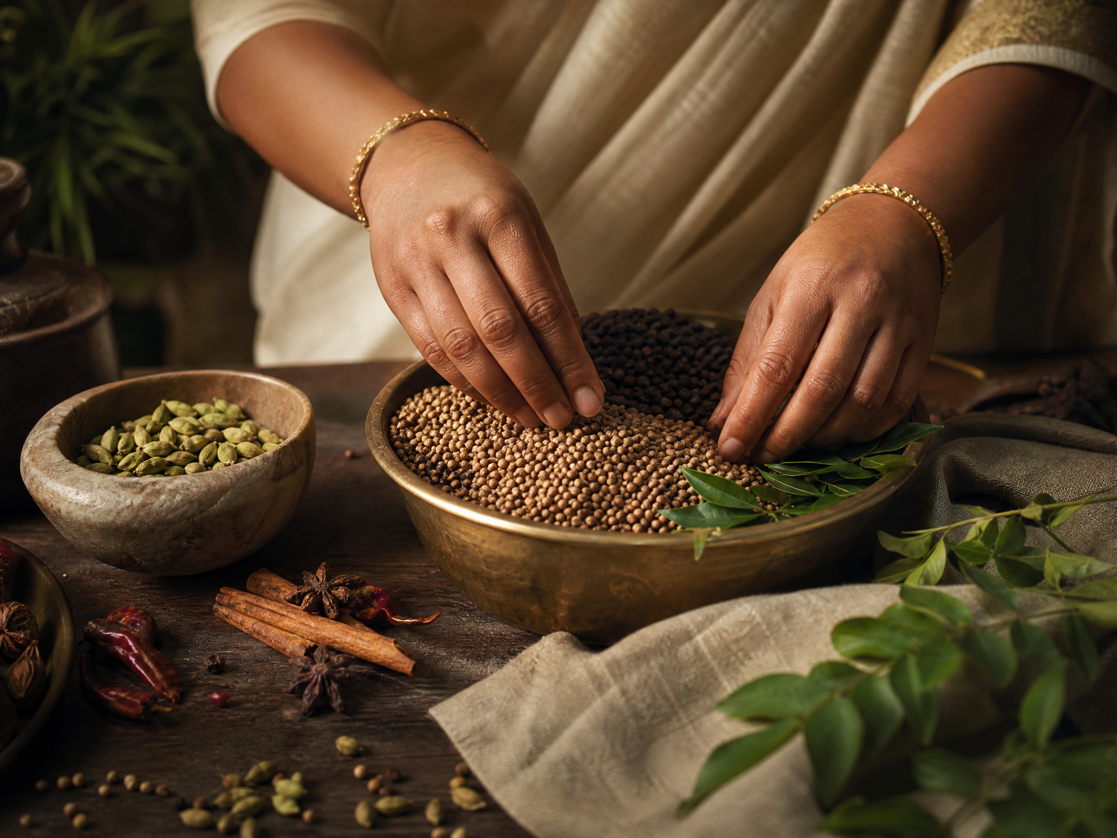 Whole Indian spices being carefully selected
